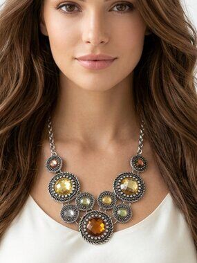 Premier Designs Silver Tone Multicolor Crystal Bib Statement Necklace